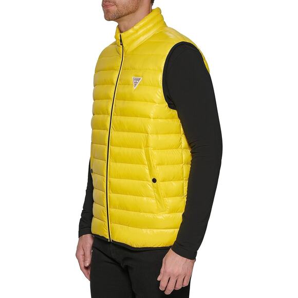 Guess Mens Yellow Puffer Vest L Full Zip Quilted Mock Neck Lightweight Nylon New - Picture 6 of 16